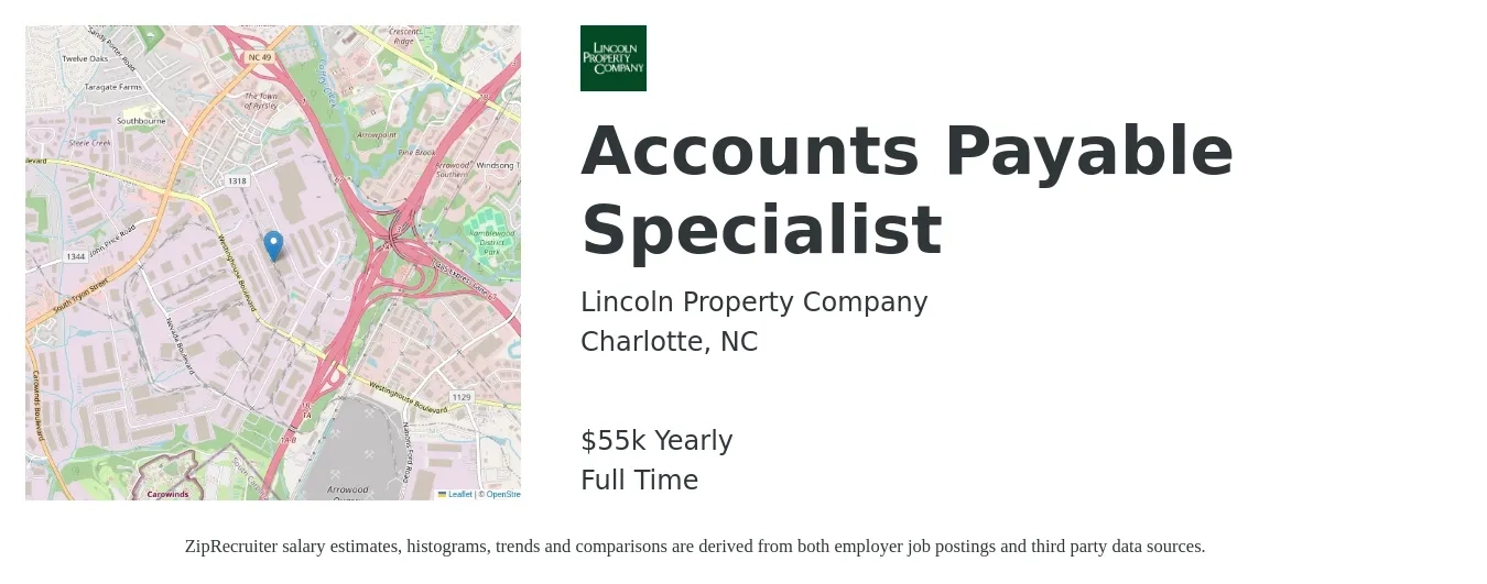 Lincoln Property Company job posting for a Accounts Payable Specialist in Charlotte, NC with a salary of $55,000 Yearly with a map of Charlotte location.
