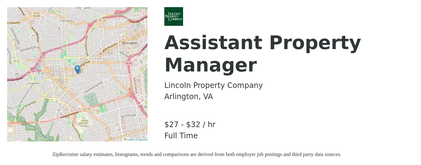 Lincoln Property Company job posting for a Assistant Property Manager in Arlington, VA with a salary of $29 to $34 Hourly with a map of Arlington location.