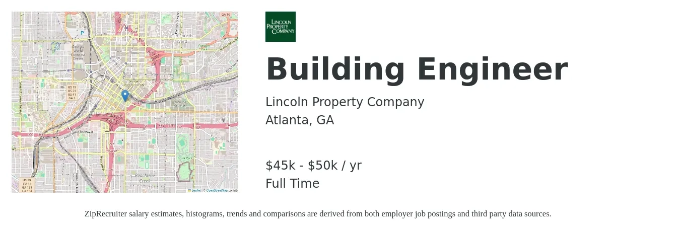 Lincoln Property Company job posting for a Building Engineer in Atlanta, GA with a salary of $45,000 to $50,000 Yearly with a map of Atlanta location.
