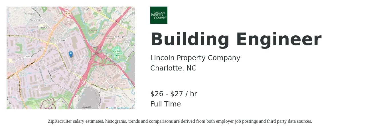 Lincoln Property Company job posting for a Building Engineer in Charlotte, NC with a salary of $28 to $29 Hourly with a map of Charlotte location.