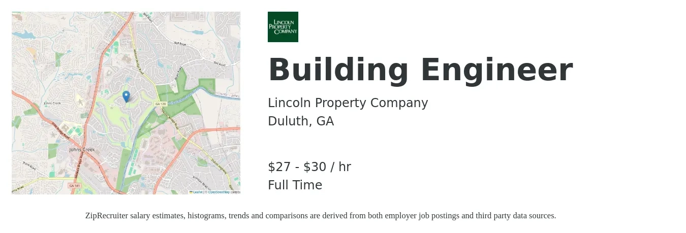Lincoln Property Company job posting for a Building Engineer in Duluth, GA with a salary of $29 to $31 Hourly with a map of Duluth location.