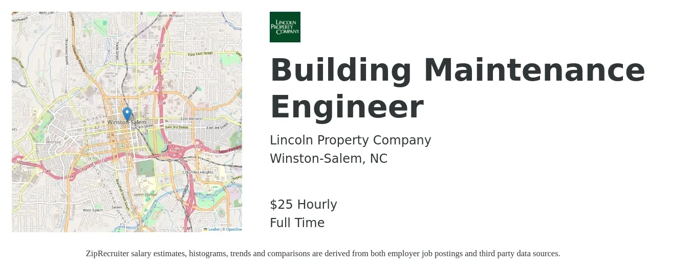 Lincoln Property Company job posting for a Building Maintenance Engineer in Winston-Salem, NC with a salary of $26 to $27 Hourly with a map of Winston-Salem location.