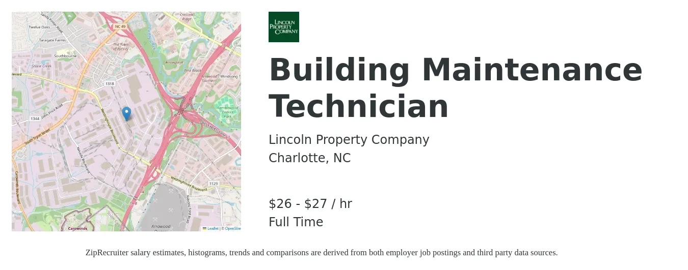 Lincoln Property Company job posting for a Building Maintenance Technician in Charlotte, NC with a salary of $28 to $29 Hourly with a map of Charlotte location.