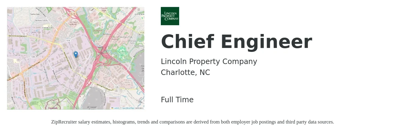 Lincoln Property Company job posting for a Chief Engineer in Charlotte, NC with a salary of $57,600 to $117,200 Yearly with a map of Charlotte location.
