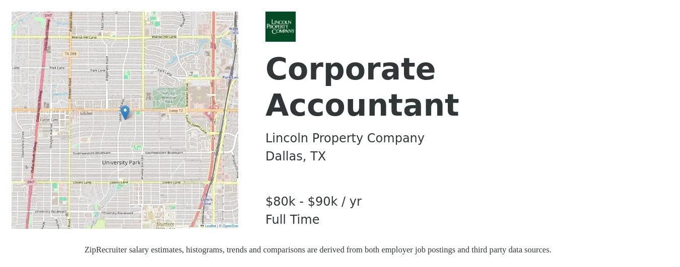Lincoln Property Company job posting for a Corporate Accountant in Dallas, TX with a salary of $80,000 to $90,000 Yearly with a map of Dallas location.