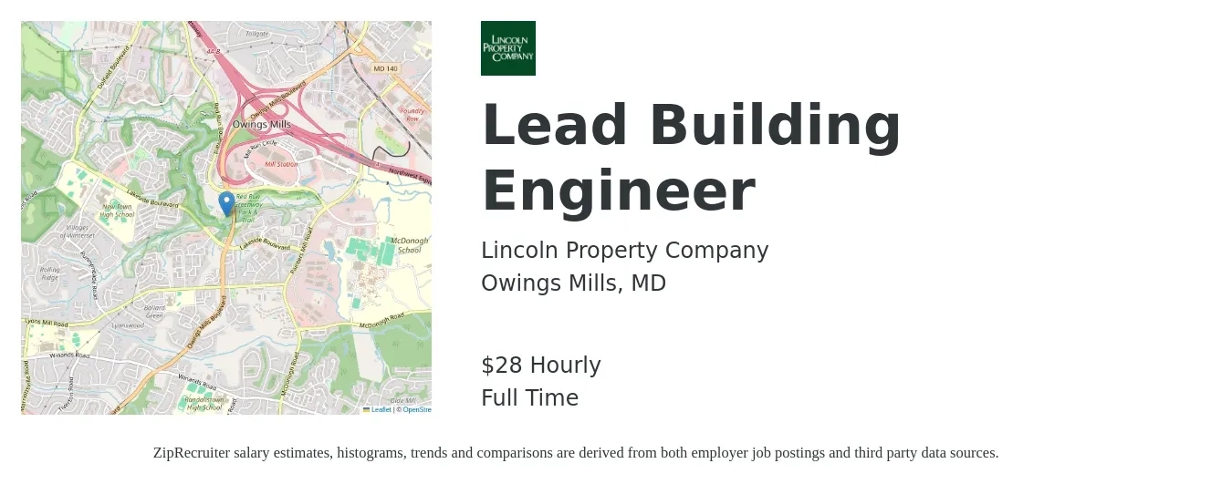 Lincoln Property Company job posting for a Lead Building Engineer in Owings Mills, MD with a salary of $30 Hourly with a map of Owings Mills location.