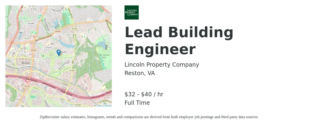 Lincoln Property Company job posting for a Lead Building Engineer in Reston, VA with a salary of $34 to $42 Hourly with a map of Reston location.