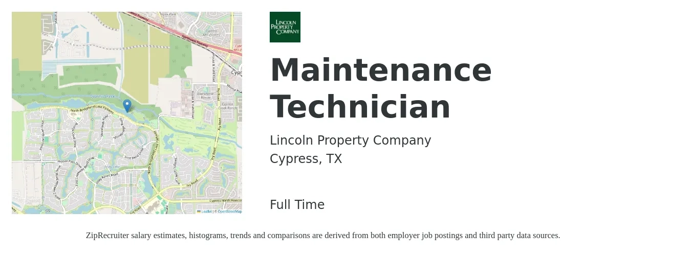 Lincoln Property Company job posting for a Maintenance Technician in Cypress, TX with a salary of $16 to $23 Hourly with a map of Cypress location.