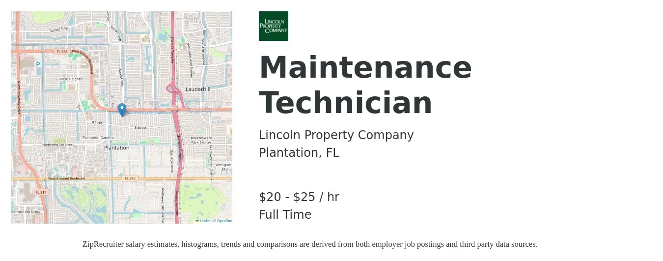Lincoln Property Company job posting for a Maintenance Technician in Plantation, FL with a salary of $22 to $26 Hourly with a map of Plantation location.