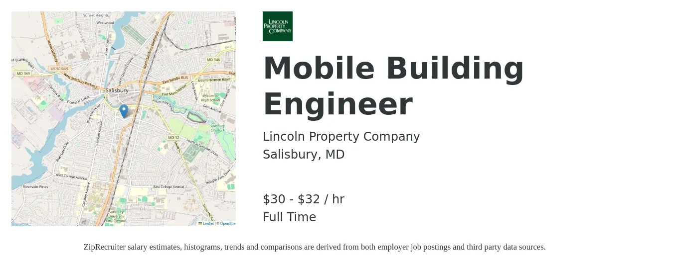 Lincoln Property Company job posting for a Mobile Building Engineer in Salisbury, MD with a salary of $32 to $34 Hourly with a map of Salisbury location.