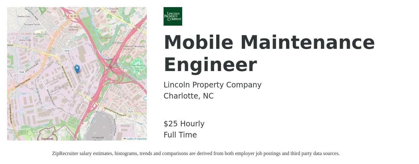 Lincoln Property Company job posting for a Mobile Maintenance Engineer in Charlotte, NC with a salary of $26 to $27 Hourly with a map of Charlotte location.