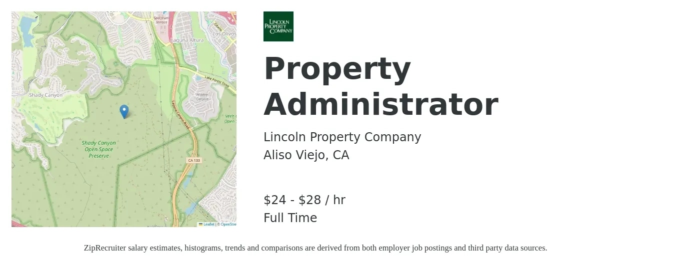 Lincoln Property Company job posting for a Property Administrator in Aliso Viejo, CA with a salary of $25 to $30 Hourly with a map of Aliso Viejo location.