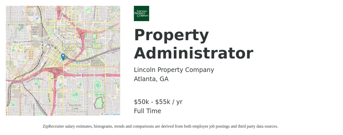 Lincoln Property Company job posting for a Property Administrator in Atlanta, GA with a salary of $50,000 to $55,000 Yearly with a map of Atlanta location.