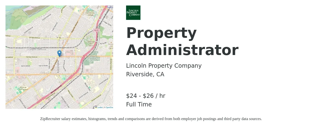 Lincoln Property Company job posting for a Property Administrator in Riverside, CA with a salary of $25 to $28 Hourly with a map of Riverside location.