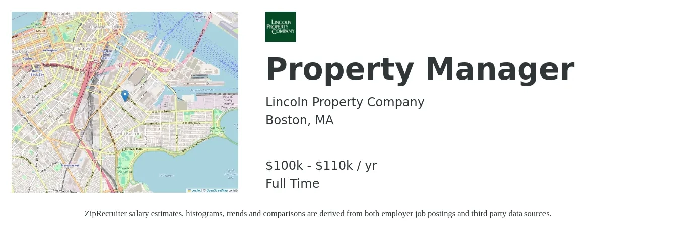 Lincoln Property Company job posting for a Property Manager in Boston, MA with a salary of $100,000 to $110,000 Yearly with a map of Boston location.