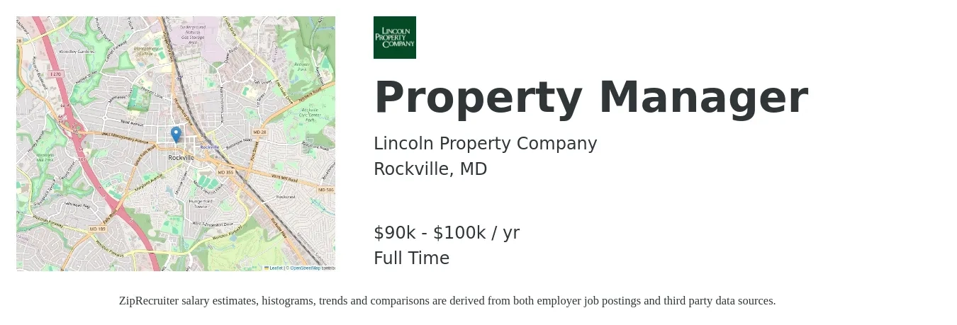 Lincoln Property Company job posting for a Property Manager in Rockville, MD with a salary of $90,000 to $100,000 Yearly with a map of Rockville location.