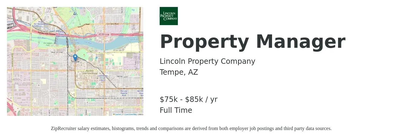 Lincoln Property Company job posting for a Property Manager in Tempe, AZ with a salary of $75,000 to $85,000 Yearly with a map of Tempe location.