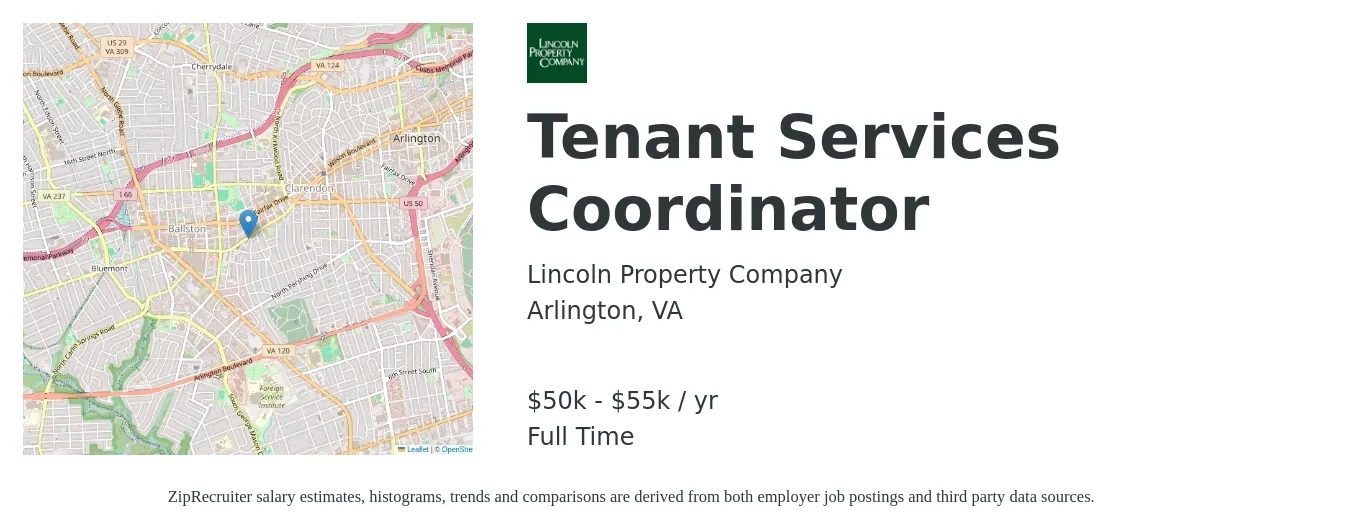 Lincoln Property Company job posting for a Tenant Services Coordinator in Arlington, VA with a salary of $50,000 to $55,000 Yearly with a map of Arlington location.