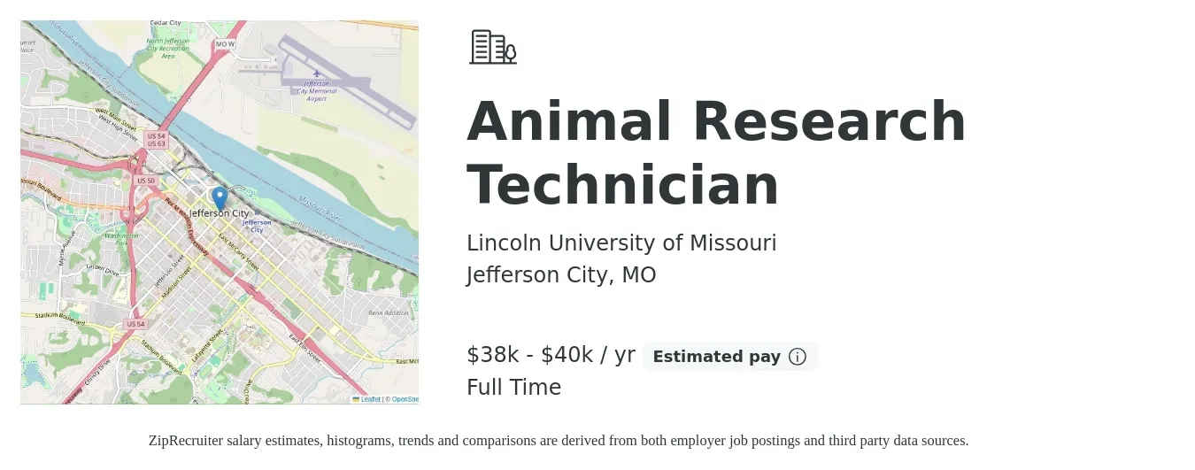 Lincoln University of Missouri job posting for a Animal Research Technician in Jefferson City, MO with a salary of $38,000 to $40,000 Yearly with a map of Jefferson City location.