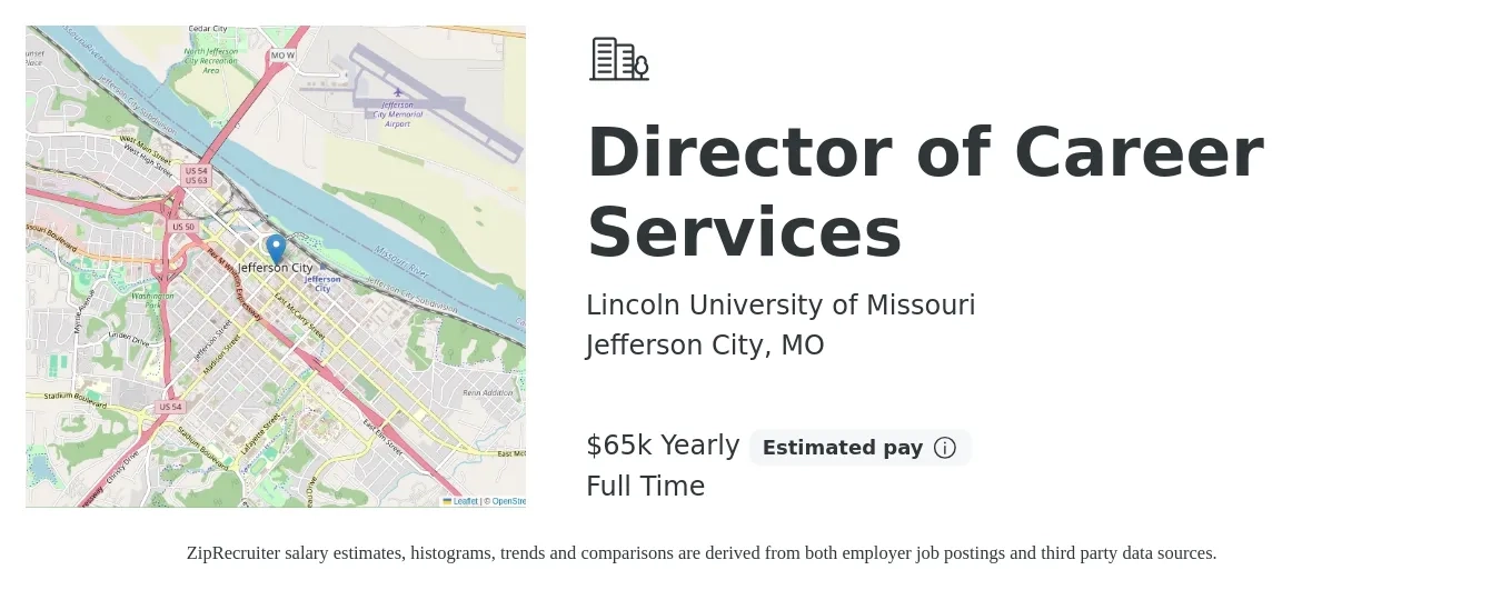 Lincoln University of Missouri job posting for a Director of Career Services in Jefferson City, MO with a salary of $65,000 Yearly with a map of Jefferson City location.