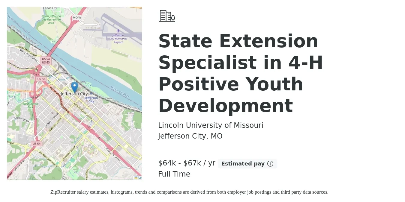 Lincoln University of Missouri job posting for a State Extension Specialist in 4-H Positive Youth Development in Jefferson City, MO with a salary of $64,000 to $67,000 Yearly with a map of Jefferson City location.