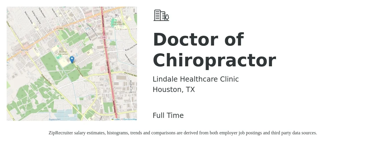 Lindale Healthcare Clinic job posting for a Doctor of Chiropractor in Houston, TX with a salary of $71,600 to $87,500 Yearly with a map of Houston location.