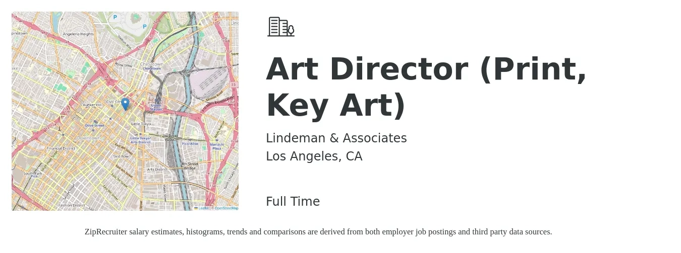 Lindeman & Associates job posting for a Art Director (Print, Key Art) in Los Angeles, CA with a salary of $100,000 to $130,000 Yearly with a map of Los Angeles location.