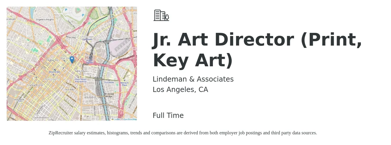 Lindeman & Associates job posting for a Jr. Art Director (Print, Key Art) in Los Angeles, CA with a salary of $60,000 to $85,000 Yearly with a map of Los Angeles location.