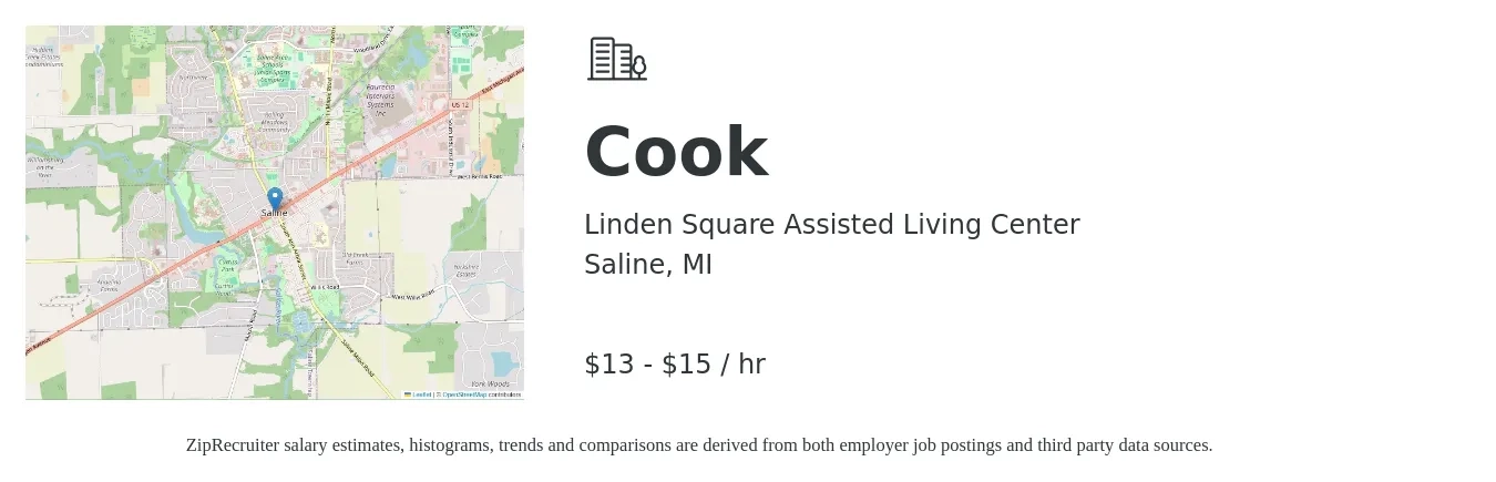 Linden Square Assisted Living Center job posting for a Cook in Saline, MI with a salary of $14 to $16 Hourly with a map of Saline location.