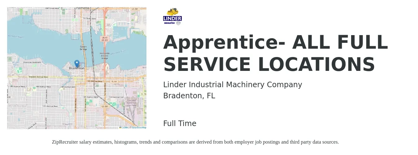 Linder Industrial Machinery Company job posting for a Apprentice- ALL FULL SERVICE LOCATIONS in Bradenton, FL with a salary of $16 to $20 Hourly with a map of Bradenton location.