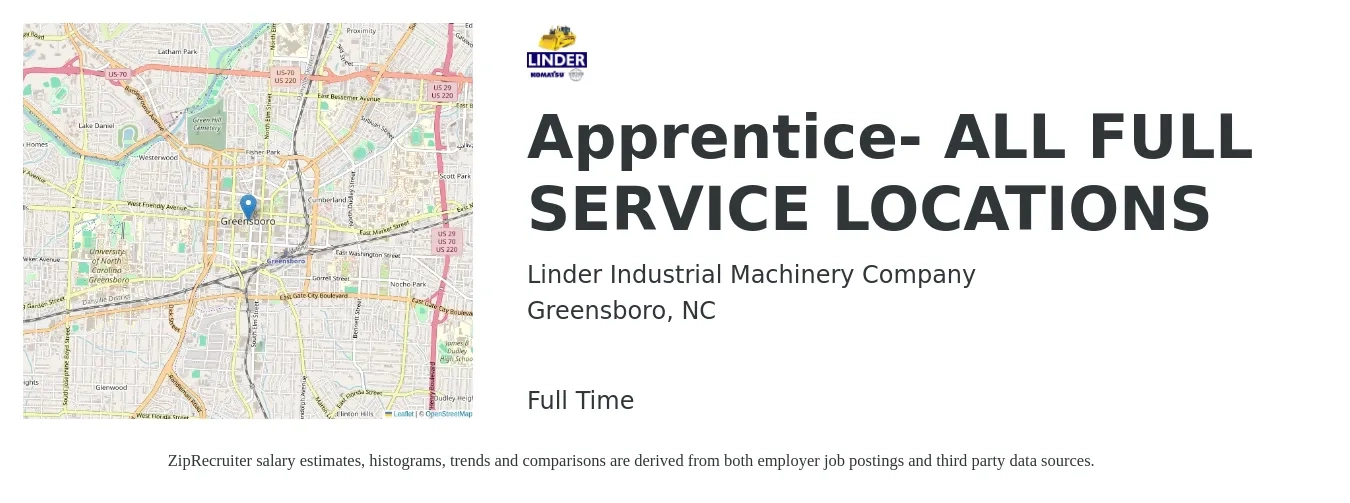 Linder Industrial Machinery Company job posting for a Apprentice- ALL FULL SERVICE LOCATIONS in Greensboro, NC with a salary of $16 to $21 Hourly with a map of Greensboro location.