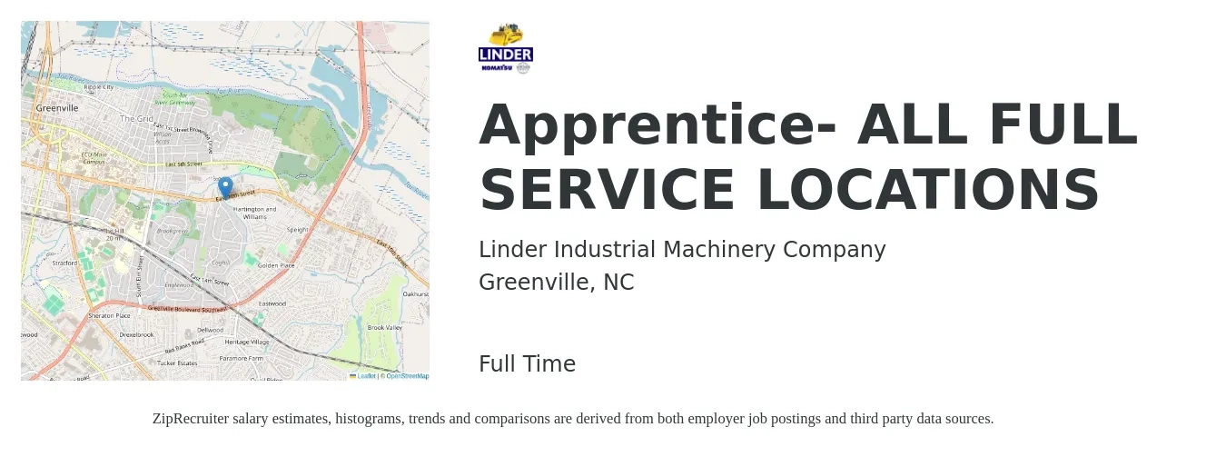 Linder Industrial Machinery Company job posting for a Apprentice- ALL FULL SERVICE LOCATIONS in Greenville, NC with a salary of $16 to $21 Hourly with a map of Greenville location.