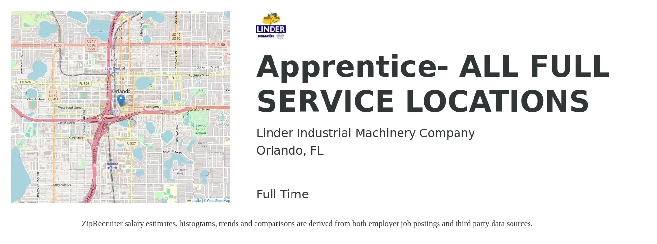 Linder Industrial Machinery Company job posting for a Apprentice- ALL FULL SERVICE LOCATIONS in Orlando, FL with a salary of $16 to $20 Hourly with a map of Orlando location.