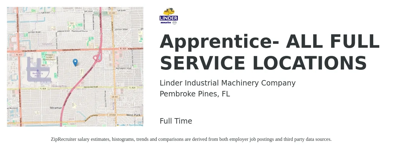 Linder Industrial Machinery Company job posting for a Apprentice- ALL FULL SERVICE LOCATIONS in Pembroke Pines, FL with a salary of $16 to $20 Hourly with a map of Pembroke Pines location.