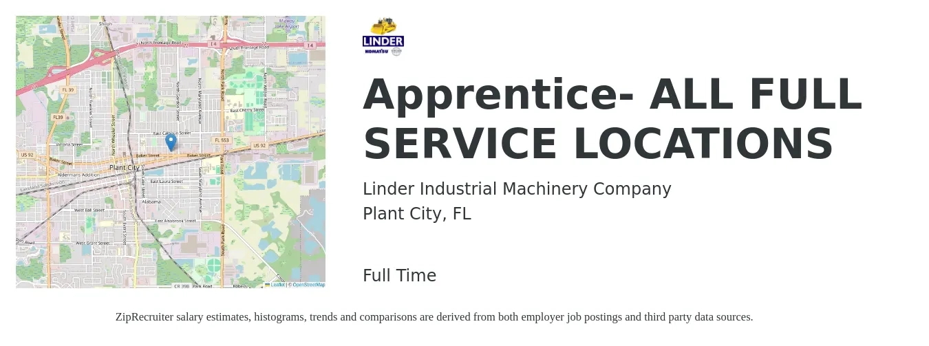 Linder Industrial Machinery Company job posting for a Apprentice- ALL FULL SERVICE LOCATIONS in Plant City, FL with a salary of $15 to $20 Hourly with a map of Plant City location.