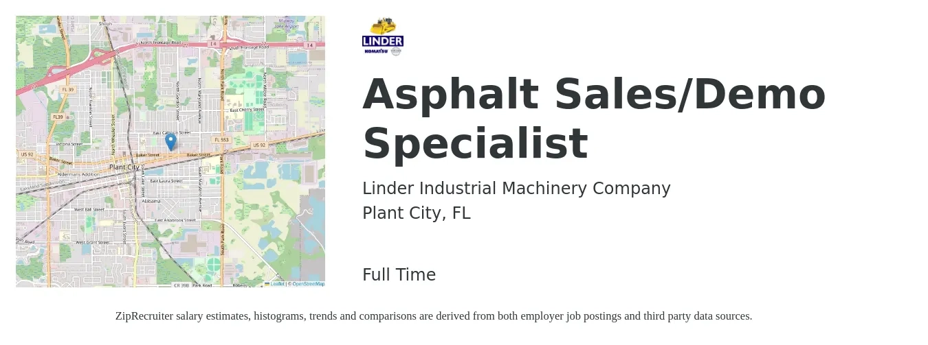Linder Industrial Machinery Company job posting for a Asphalt Sales/Demo Specialist in Plant City, FL with a salary of $41,100 to $68,400 Yearly with a map of Plant City location.