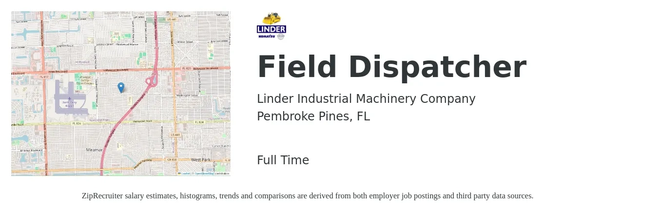 Linder Industrial Machinery Company job posting for a Field Dispatcher in Pembroke Pines, FL with a salary of $17 to $23 Hourly with a map of Pembroke Pines location.