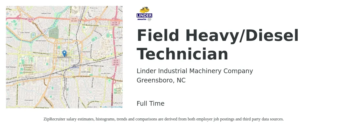 Linder Industrial Machinery Company job posting for a Field Heavy/Diesel Technician in Greensboro, NC with a salary of $24 to $33 Hourly with a map of Greensboro location.