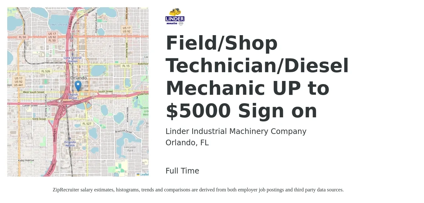 Linder Industrial Machinery Company job posting for a Field/Shop Technician/Diesel Mechanic UP to $5000 Sign on in Orlando, FL with a salary of $24 to $34 Hourly with a map of Orlando location.