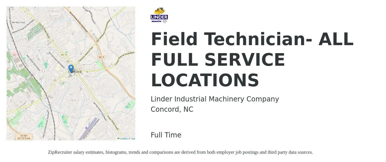Linder Industrial Machinery Company job posting for a Field Technician- ALL FULL SERVICE LOCATIONS in Concord, NC with a salary of $18 to $27 Hourly with a map of Concord location.