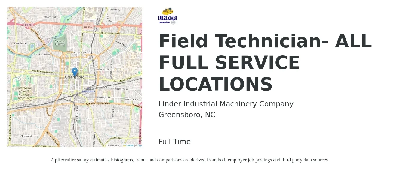 Linder Industrial Machinery Company job posting for a Field Technician- ALL FULL SERVICE LOCATIONS in Greensboro, NC with a salary of $20 to $29 Hourly with a map of Greensboro location.