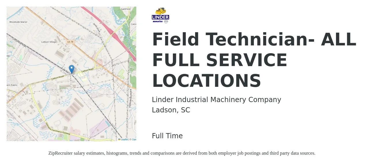 Linder Industrial Machinery Company job posting for a Field Technician- ALL FULL SERVICE LOCATIONS in Ladson, SC with a salary of $20 to $29 Hourly with a map of Ladson location.