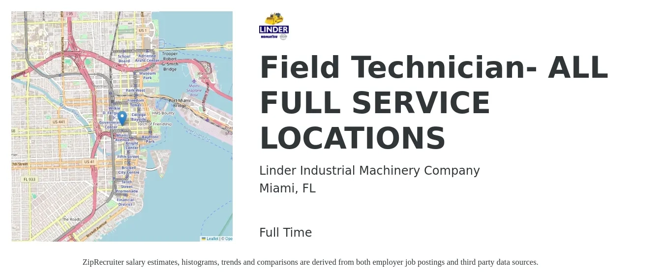 Linder Industrial Machinery Company job posting for a Field Technician- ALL FULL SERVICE LOCATIONS in Miami, FL with a salary of $19 to $28 Hourly with a map of Miami location.