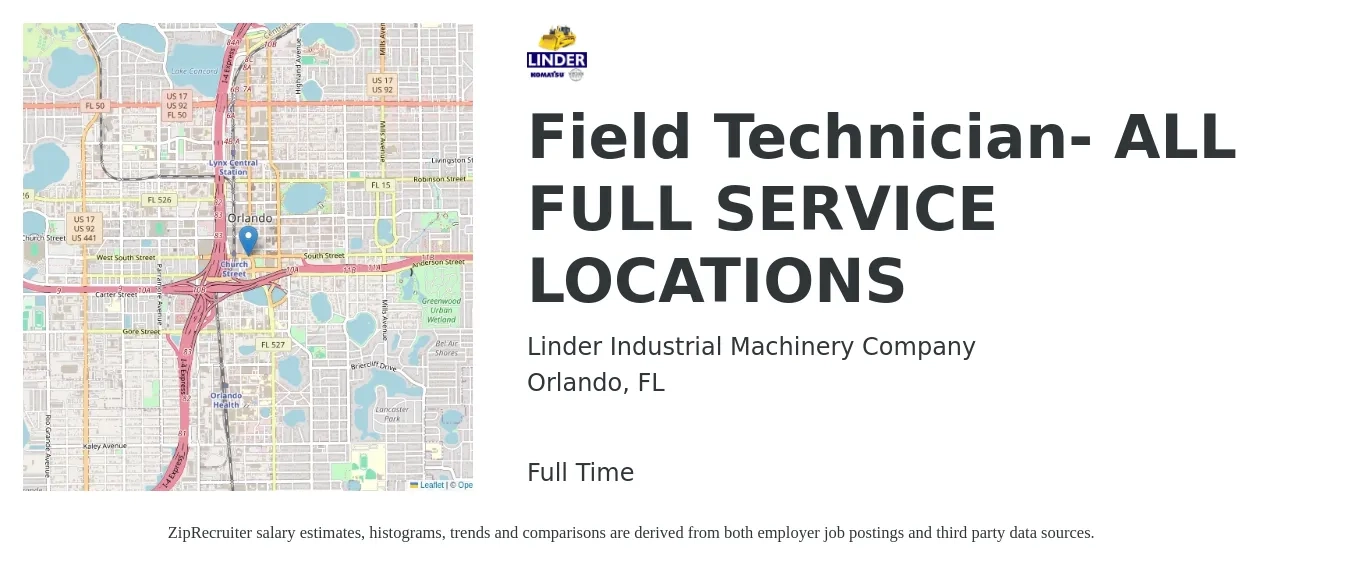 Linder Industrial Machinery Company job posting for a Field Technician- ALL FULL SERVICE LOCATIONS in Orlando, FL with a salary of $18 to $27 Hourly with a map of Orlando location.