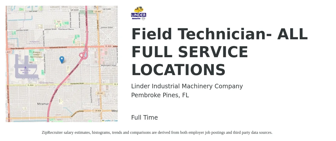 Linder Industrial Machinery Company job posting for a Field Technician- ALL FULL SERVICE LOCATIONS in Pembroke Pines, FL with a salary of $18 to $28 Hourly with a map of Pembroke Pines location.