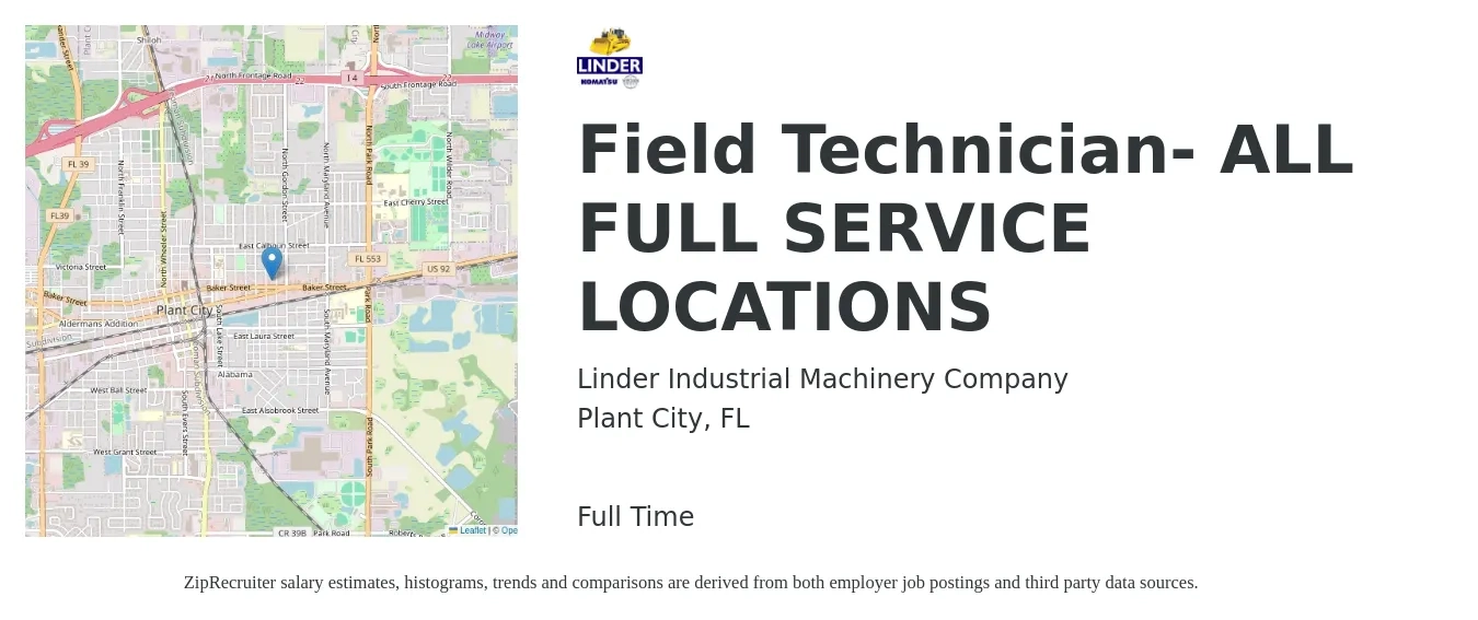 Linder Industrial Machinery Company job posting for a Field Technician- ALL FULL SERVICE LOCATIONS in Plant City, FL with a salary of $18 to $26 Hourly with a map of Plant City location.