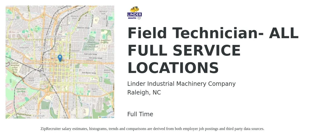 Linder Industrial Machinery Company job posting for a Field Technician- ALL FULL SERVICE LOCATIONS in Raleigh, NC with a salary of $18 to $26 Hourly with a map of Raleigh location.