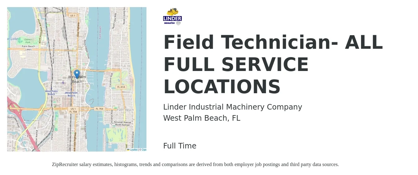 Linder Industrial Machinery Company job posting for a Field Technician- ALL FULL SERVICE LOCATIONS in West Palm Beach, FL with a salary of $19 to $29 Hourly with a map of West Palm Beach location.