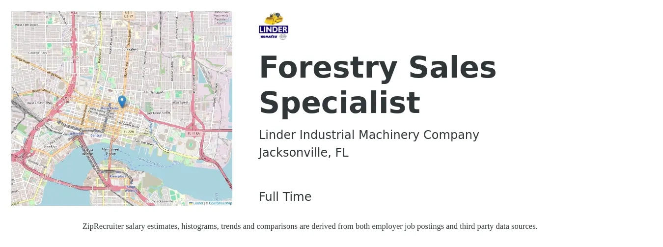 Linder Industrial Machinery Company job posting for a Forestry Sales Specialist in Jacksonville, FL with a salary of $46,200 to $51,200 Yearly with a map of Jacksonville location.