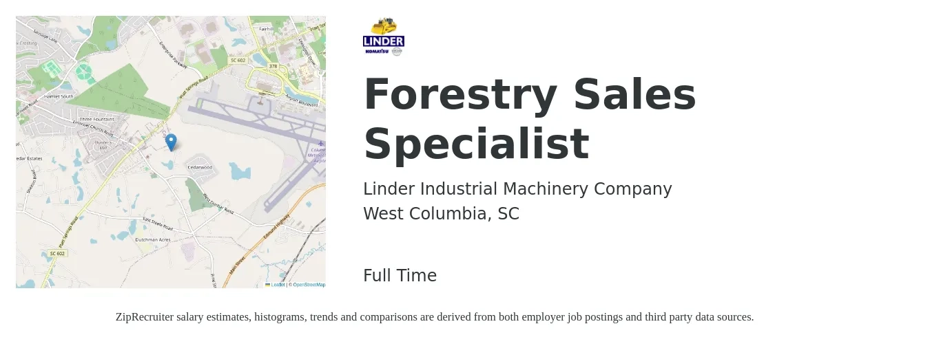 Linder Industrial Machinery Company job posting for a Forestry Sales Specialist in West Columbia, SC with a salary of $46,700 to $51,700 Yearly with a map of West Columbia location.